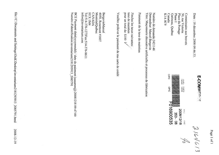 Document de brevet canadien 2421148. Taxes 20071218. Image 1 de 1