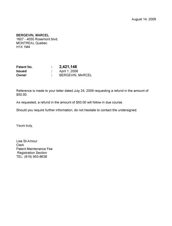 Document de brevet canadien 2421148. Correspondance 20081214. Image 1 de 1