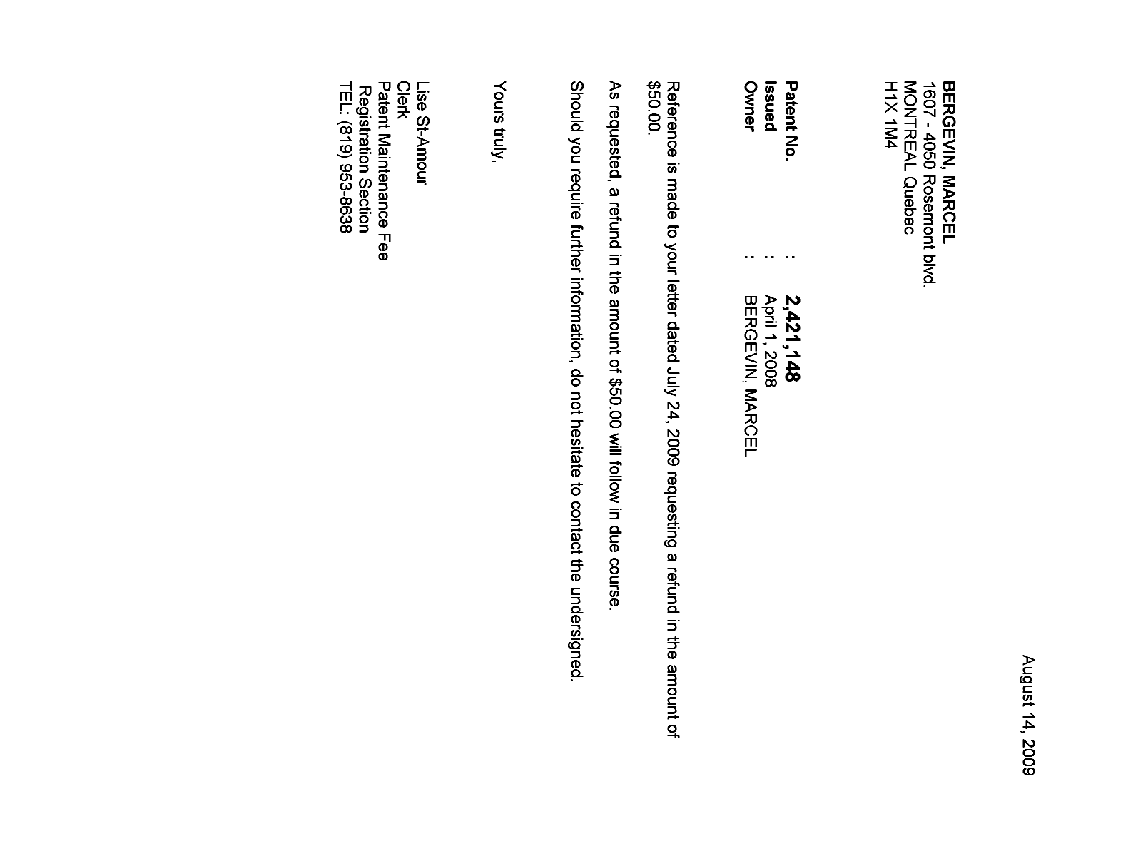 Document de brevet canadien 2421148. Correspondance 20081214. Image 1 de 1