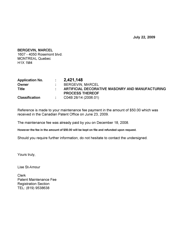 Canadian Patent Document 2421148. Correspondence 20081222. Image 1 of 1