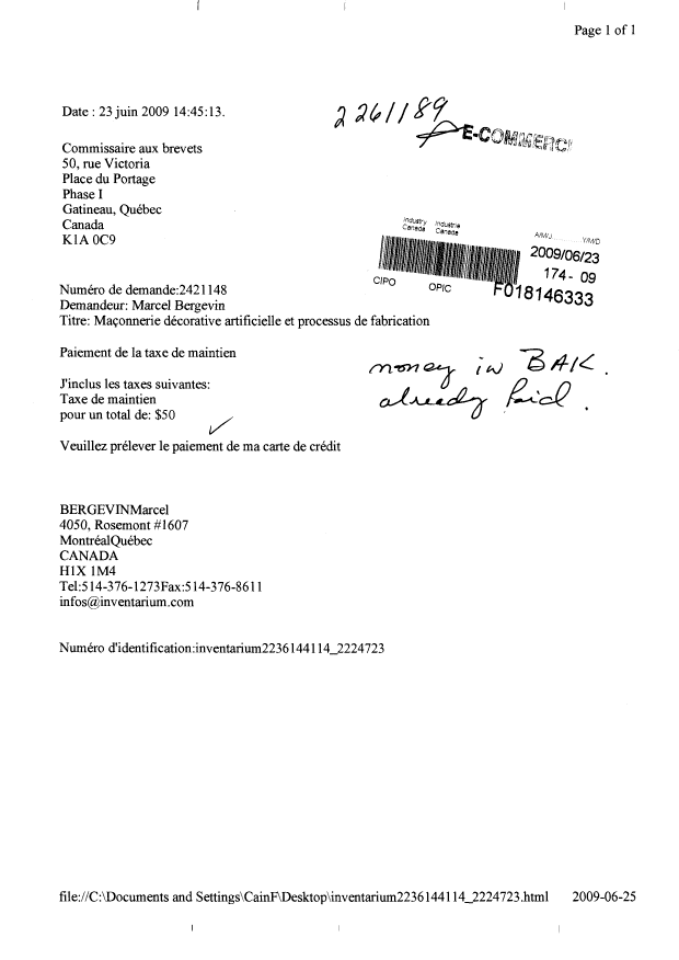 Document de brevet canadien 2421148. Taxes 20081223. Image 1 de 1