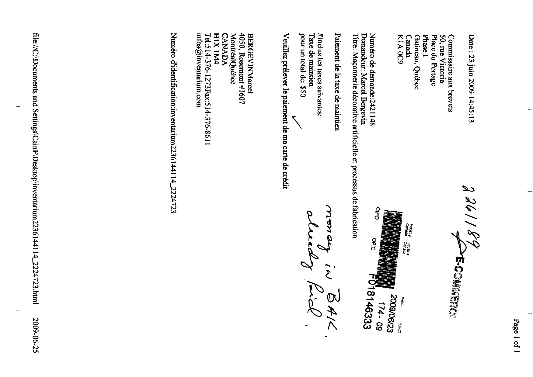 Document de brevet canadien 2421148. Taxes 20081223. Image 1 de 1