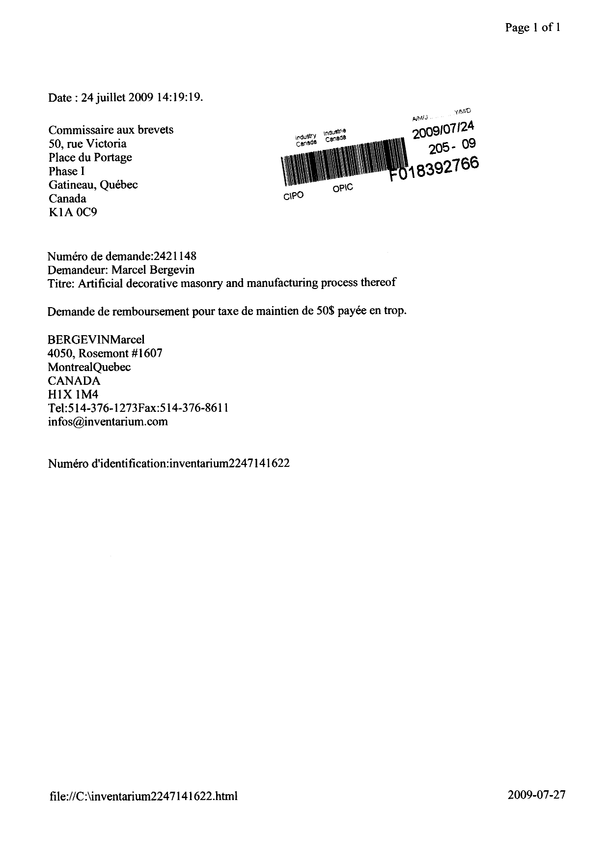 Document de brevet canadien 2421148. Correspondance 20081224. Image 1 de 4