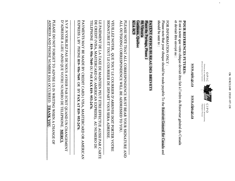 Document de brevet canadien 2421148. Correspondance 20091226. Image 2 de 3