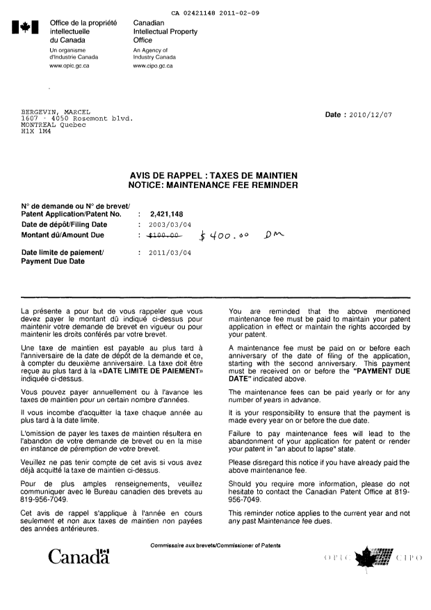 Document de brevet canadien 2421148. Correspondance 20101209. Image 1 de 4