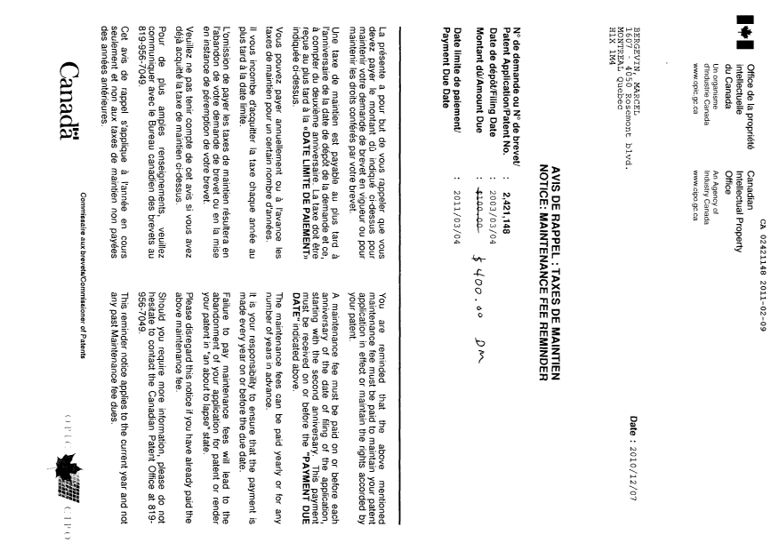 Document de brevet canadien 2421148. Correspondance 20101209. Image 1 de 4
