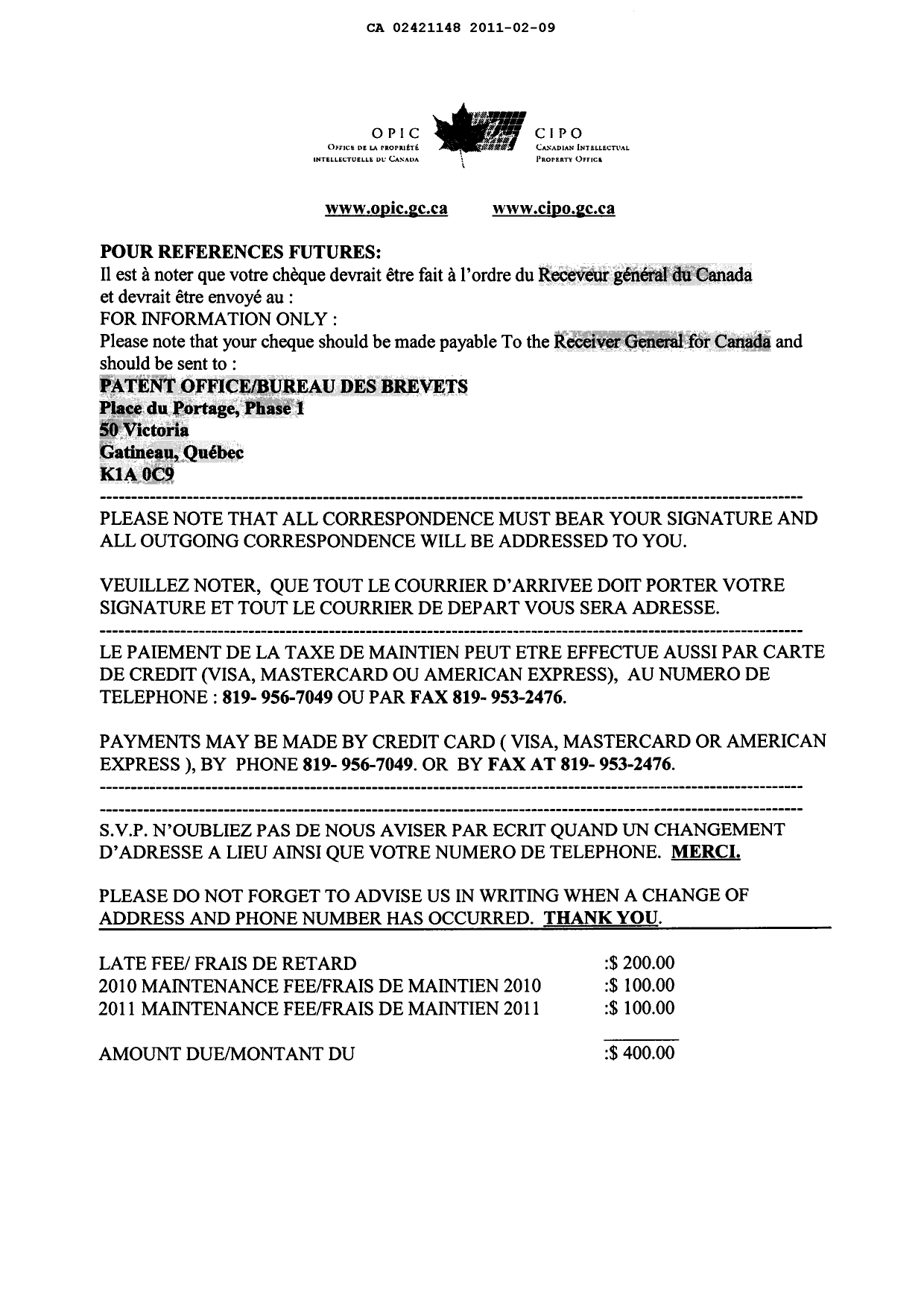 Document de brevet canadien 2421148. Correspondance 20101209. Image 2 de 4