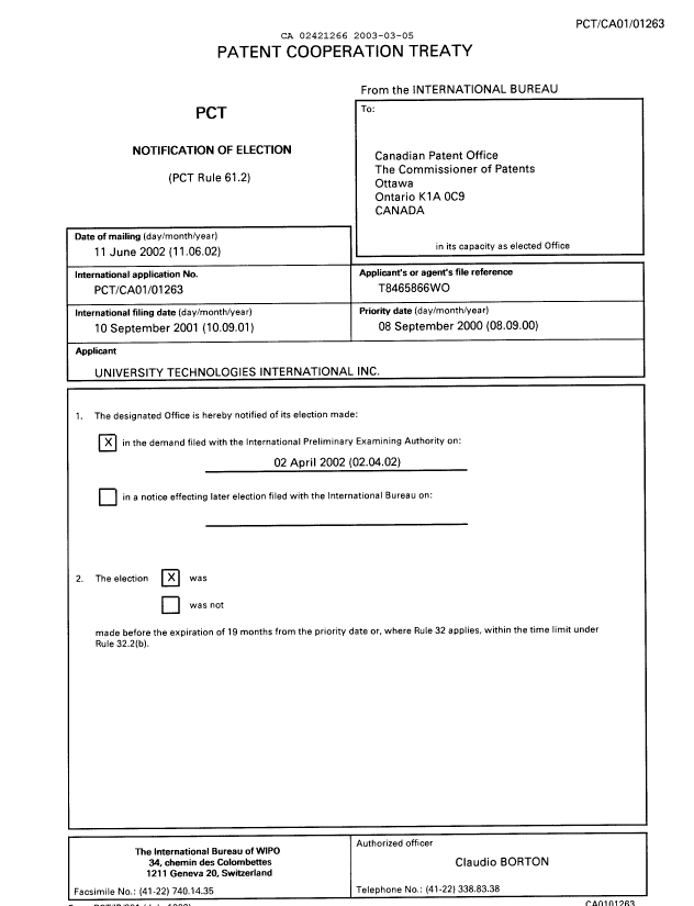 Document de brevet canadien 2421266. PCT 20030305. Image 1 de 4