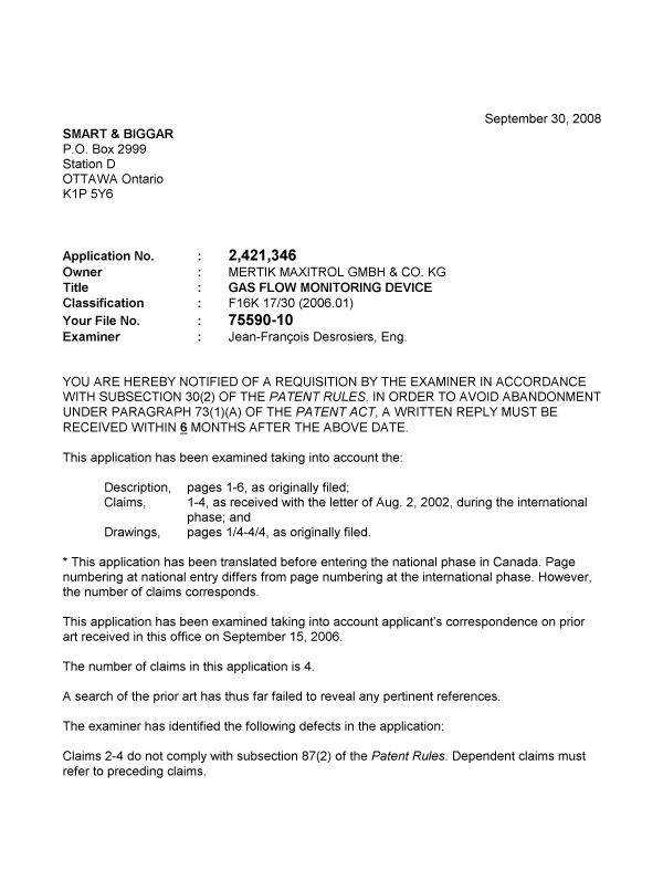 Canadian Patent Document 2421346. Prosecution-Amendment 20080930. Image 1 of 2