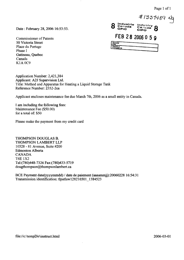 Document de brevet canadien 2421384. Taxes 20060228. Image 1 de 1
