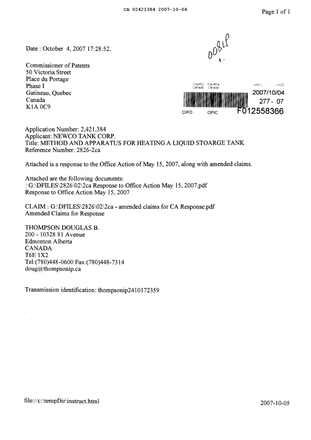 Canadian Patent Document 2421384. Prosecution-Amendment 20071004. Image 1 of 9
