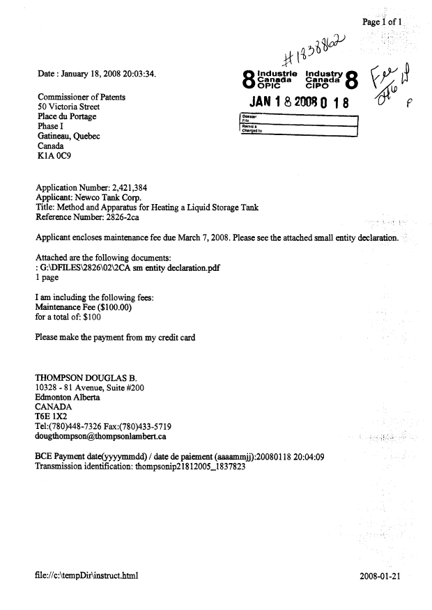 Canadian Patent Document 2421384. Correspondence 20071218. Image 1 of 2