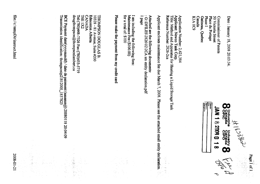 Canadian Patent Document 2421384. Fees 20080118. Image 1 of 2
