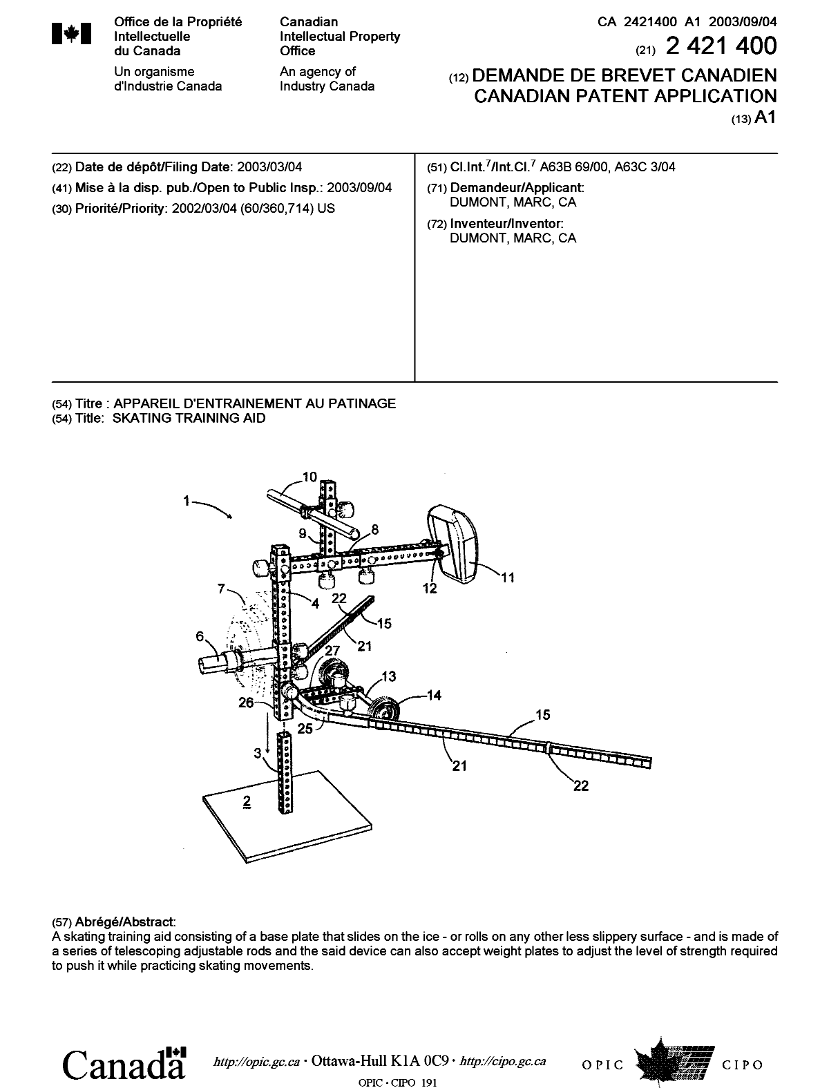 Document de brevet canadien 2421400. Page couverture 20021208. Image 1 de 1
