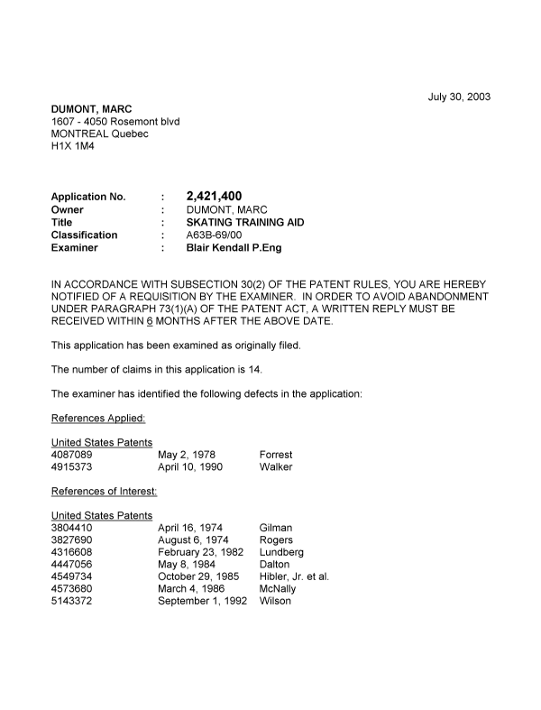 Canadian Patent Document 2421400. Prosecution-Amendment 20021230. Image 1 of 4