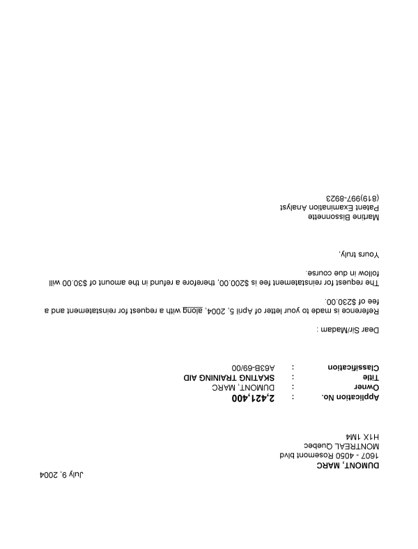 Document de brevet canadien 2421400. Correspondance 20031209. Image 1 de 1