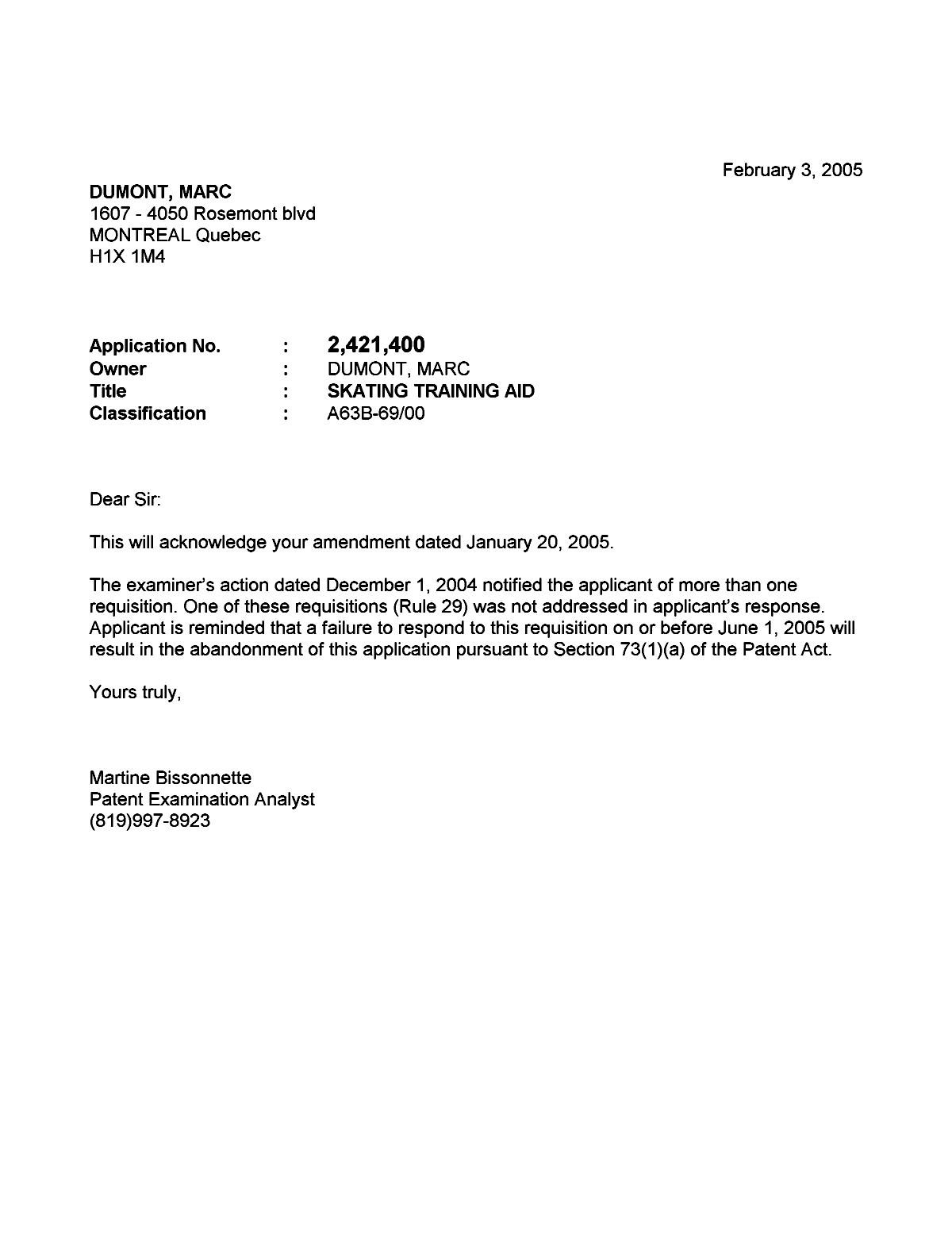 Document de brevet canadien 2421400. Correspondance 20041203. Image 1 de 1