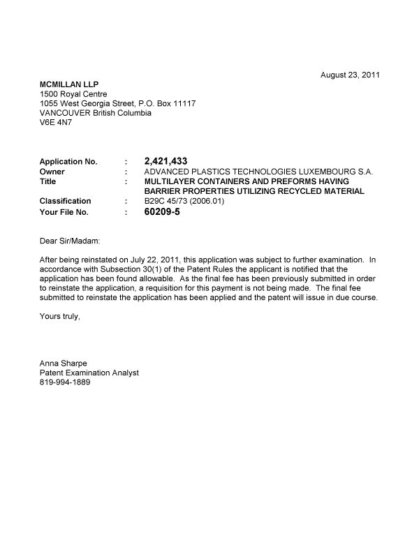 Document de brevet canadien 2421433. Correspondance 20110823. Image 1 de 1