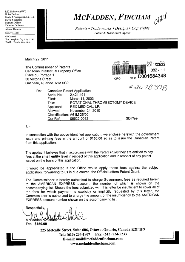 Canadian Patent Document 2421491. Correspondence 20110322. Image 1 of 1