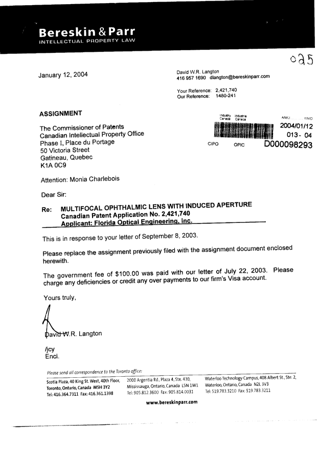 Document de brevet canadien 2421740. Cession 20040112. Image 1 de 2