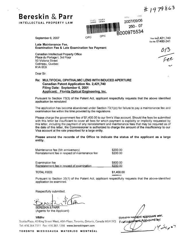 Document de brevet canadien 2421740. Taxes 20070906. Image 1 de 1
