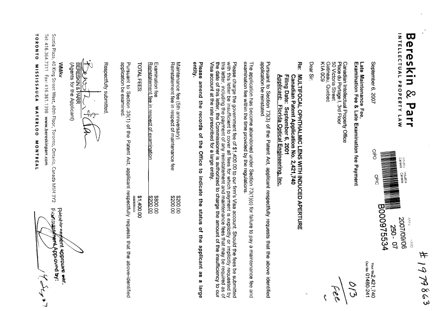 Canadian Patent Document 2421740. Fees 20070906. Image 1 of 1