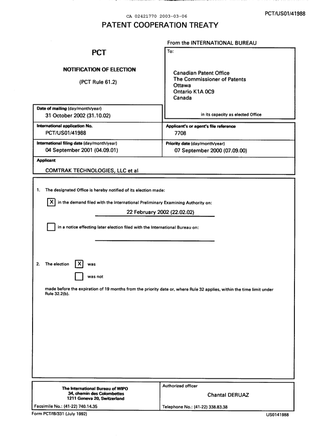 Document de brevet canadien 2421770. PCT 20021206. Image 1 de 2