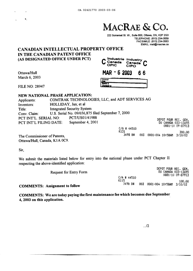 Document de brevet canadien 2421770. Cession 20030306. Image 1 de 4