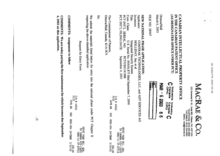 Document de brevet canadien 2421770. Cession 20030306. Image 1 de 4