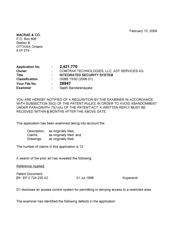 Document de brevet canadien 2421770. Poursuite-Amendment 20081213. Image 1 de 3