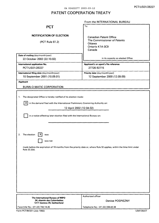 Document de brevet canadien 2422277. PCT 20030312. Image 1 de 2