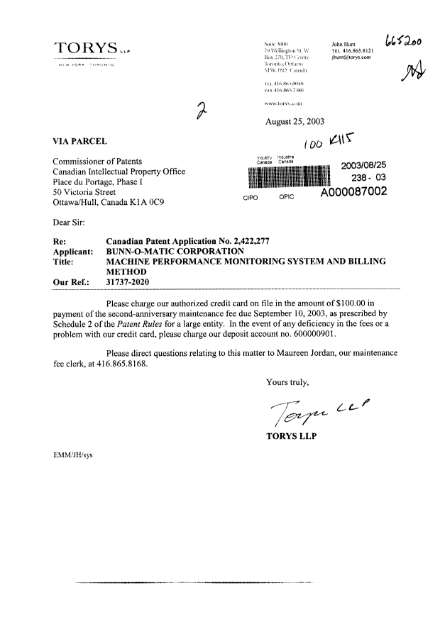 Document de brevet canadien 2422277. Taxes 20030825. Image 1 de 1