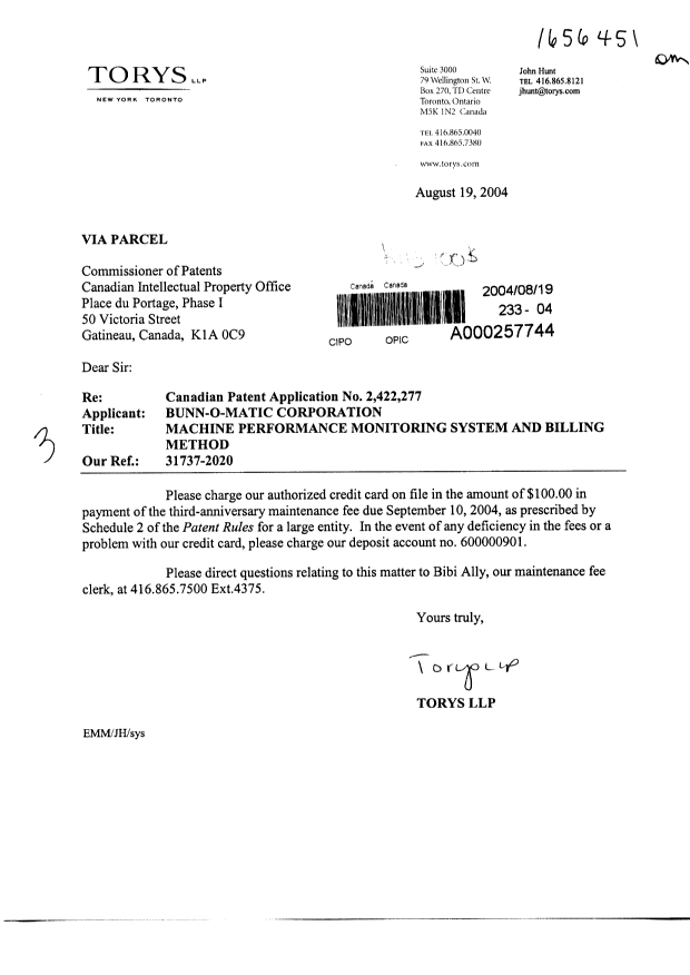 Document de brevet canadien 2422277. Taxes 20040819. Image 1 de 1