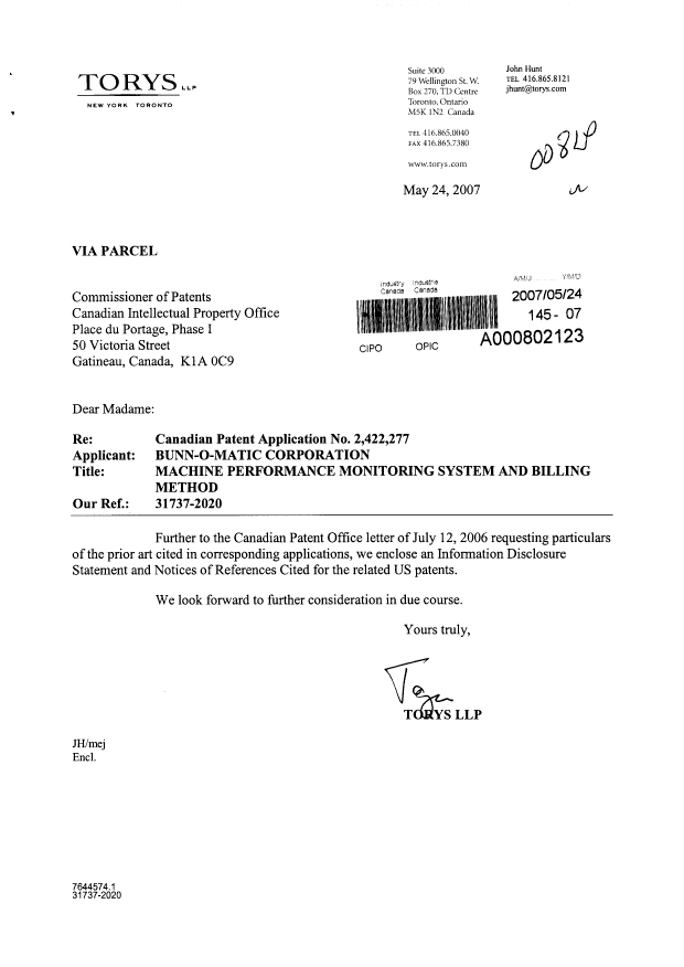 Document de brevet canadien 2422277. Poursuite-Amendment 20070524. Image 1 de 1