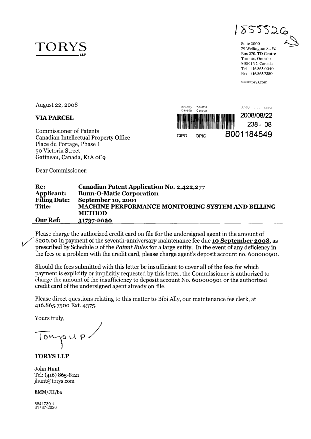 Document de brevet canadien 2422277. Taxes 20080822. Image 1 de 1