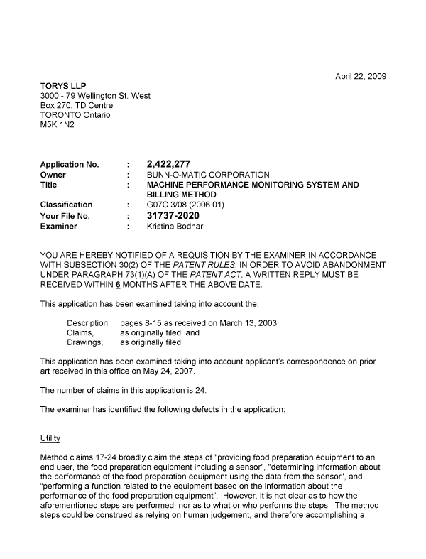 Document de brevet canadien 2422277. Poursuite-Amendment 20090422. Image 1 de 5