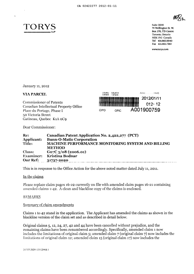 Document de brevet canadien 2422277. Poursuite-Amendment 20120111. Image 1 de 17