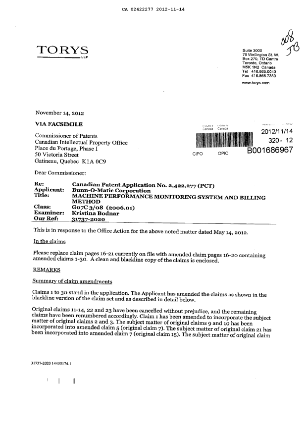 Document de brevet canadien 2422277. Poursuite-Amendment 20121114. Image 1 de 16