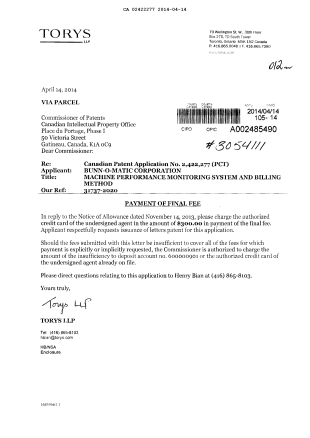 Document de brevet canadien 2422277. Correspondance 20140414. Image 1 de 1
