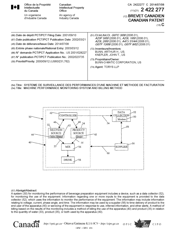Document de brevet canadien 2422277. Page couverture 20140603. Image 1 de 1