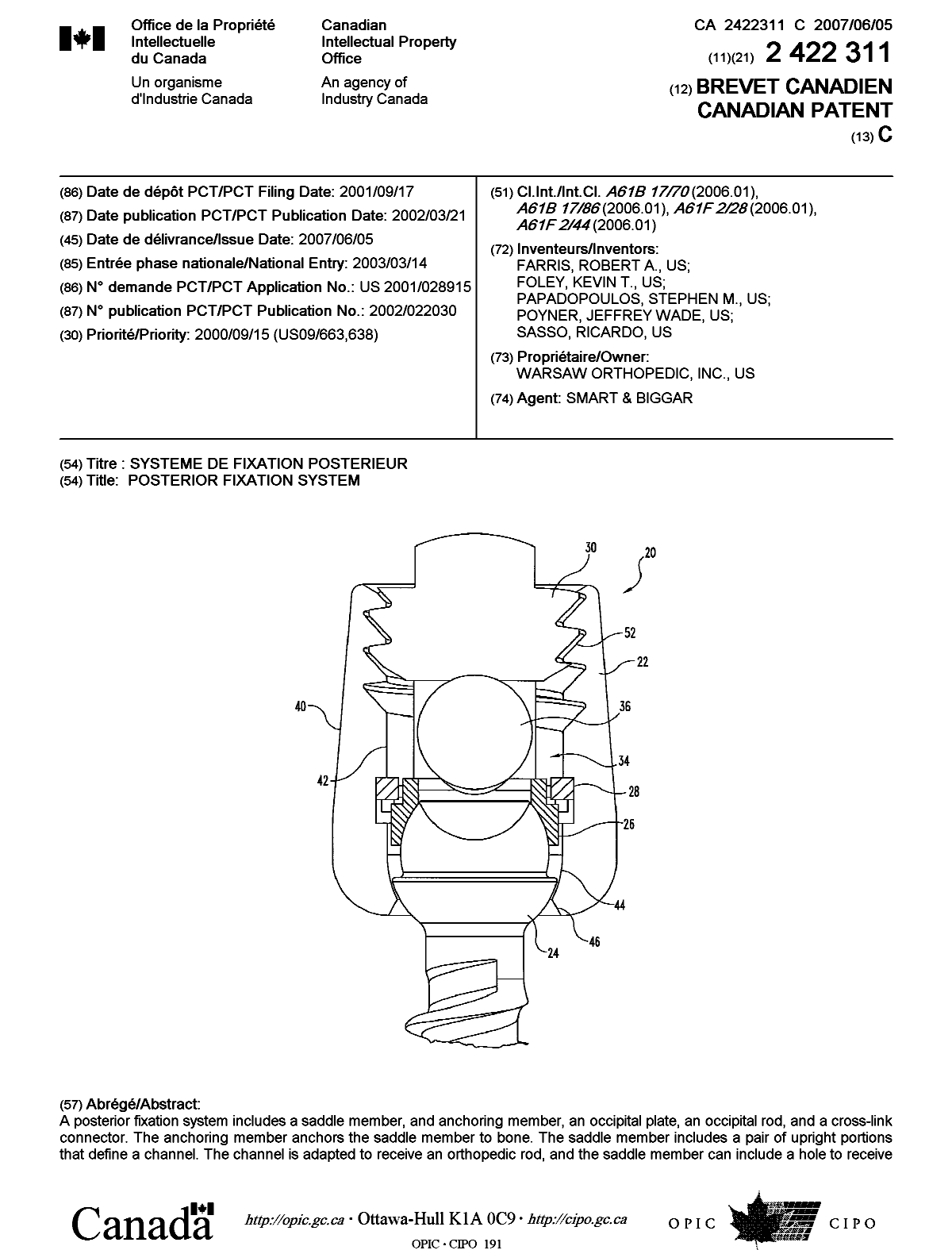 Document de brevet canadien 2422311. Page couverture 20061217. Image 1 de 2
