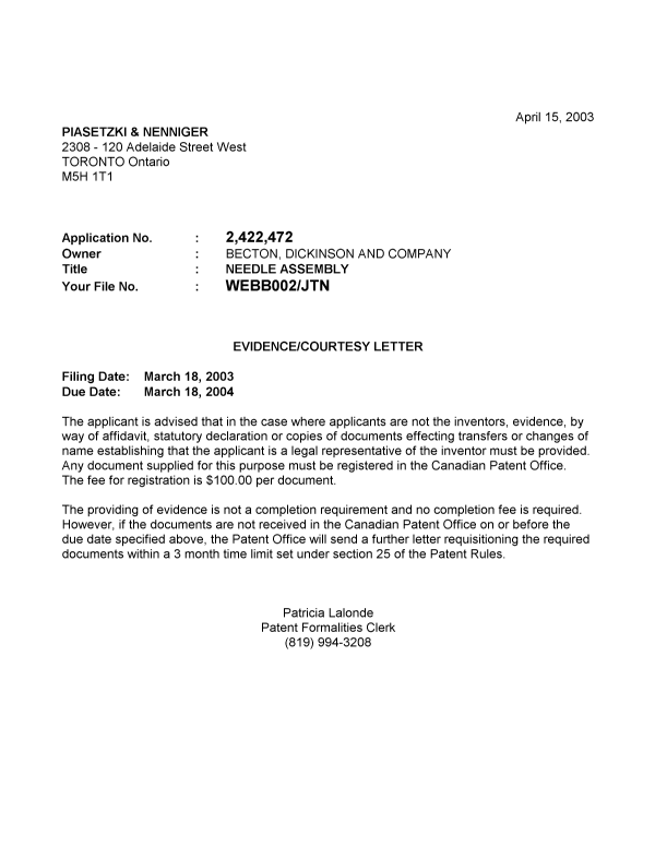Canadian Patent Document 2422472. Correspondence 20030411. Image 1 of 1