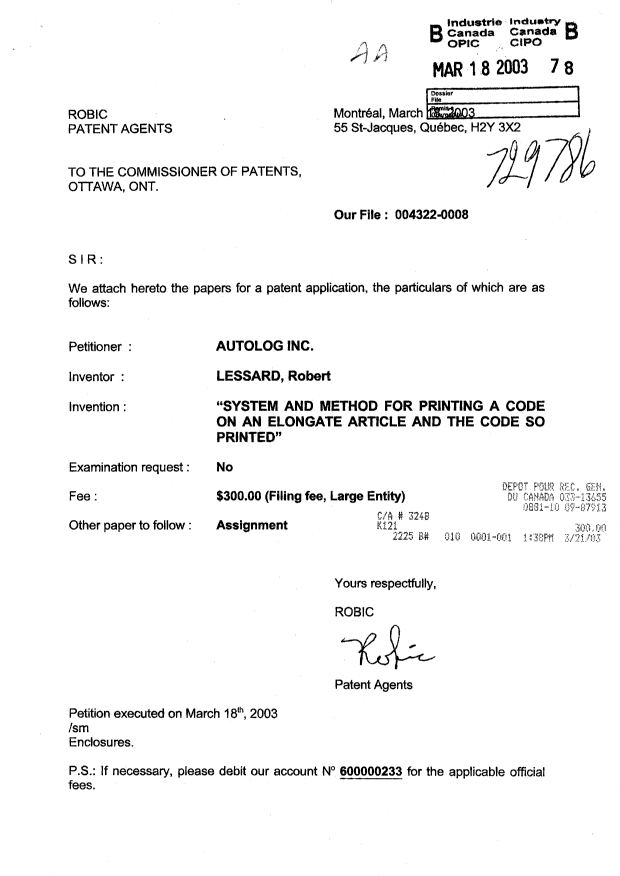 Canadian Patent Document 2422499. Assignment 20030318. Image 1 of 3