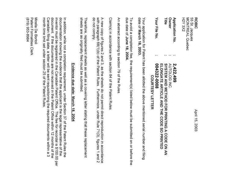 Canadian Patent Document 2422499. Correspondence 20030411. Image 1 of 1