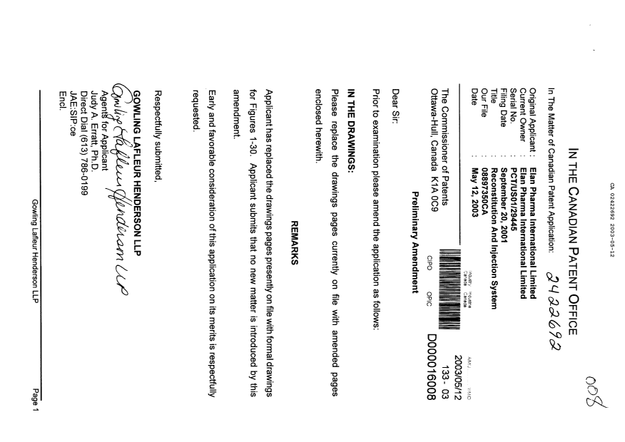 Canadian Patent Document 2422692. Prosecution-Amendment 20030512. Image 1 of 28