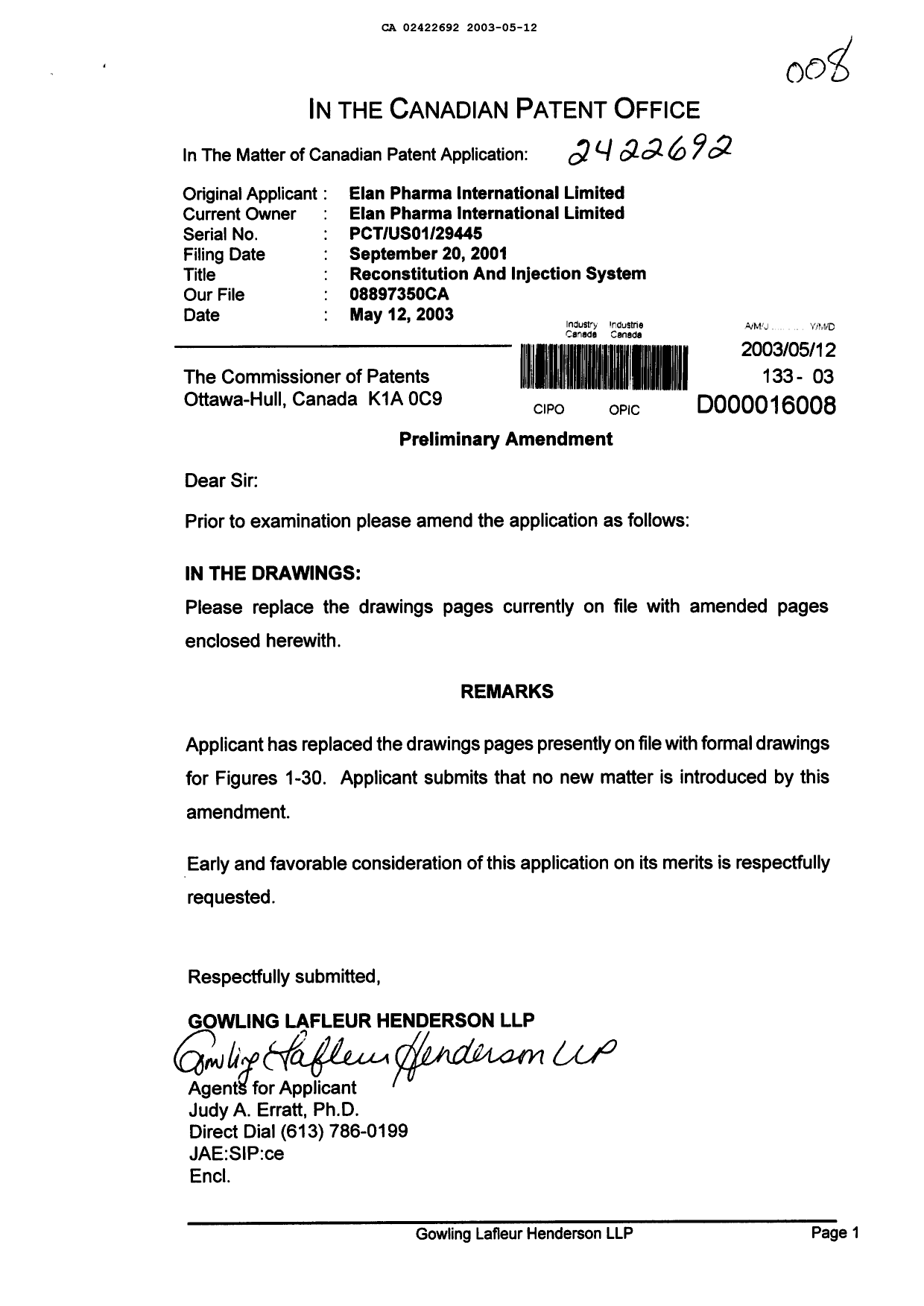 Canadian Patent Document 2422692. Prosecution-Amendment 20030512. Image 1 of 28