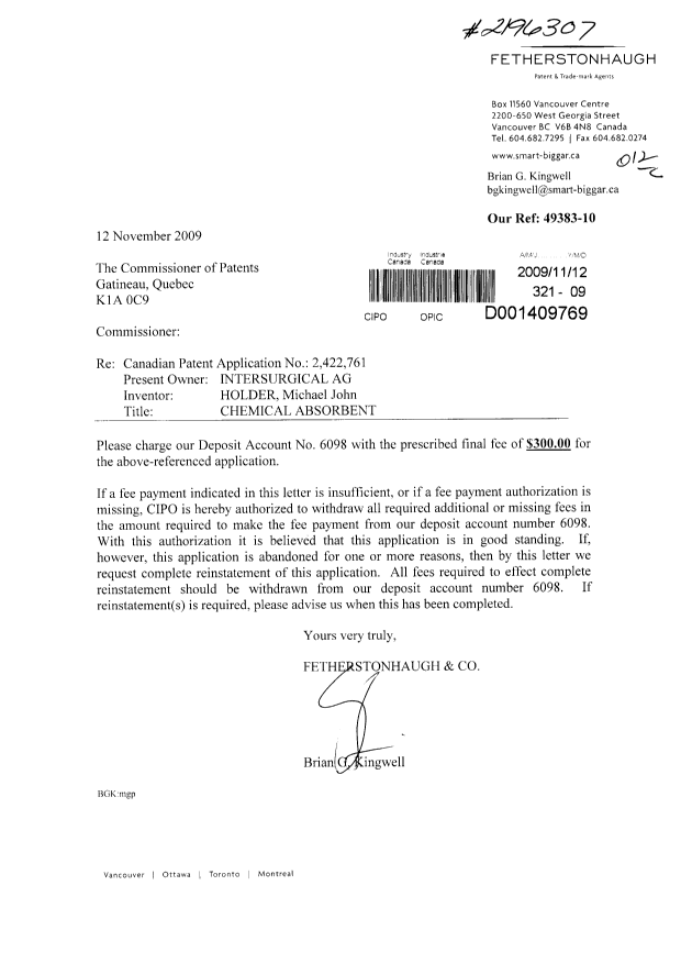 Document de brevet canadien 2422761. Correspondance 20091112. Image 1 de 1