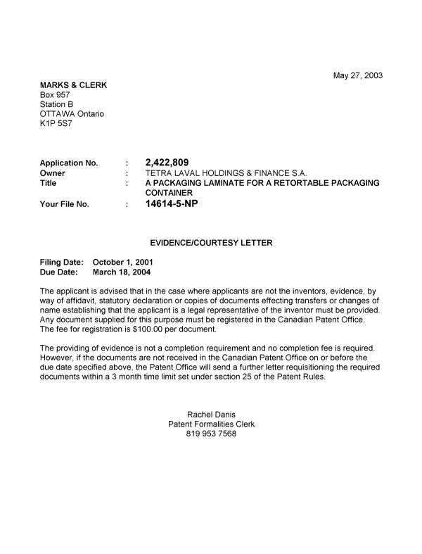 Canadian Patent Document 2422809. Correspondence 20030520. Image 1 of 1