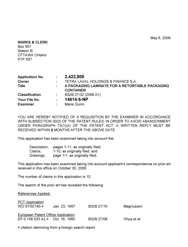 Document de brevet canadien 2422809. Poursuite-Amendment 20080506. Image 1 de 3