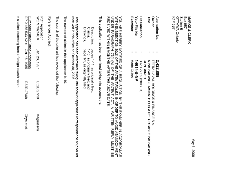 Canadian Patent Document 2422809. Prosecution-Amendment 20080506. Image 1 of 3